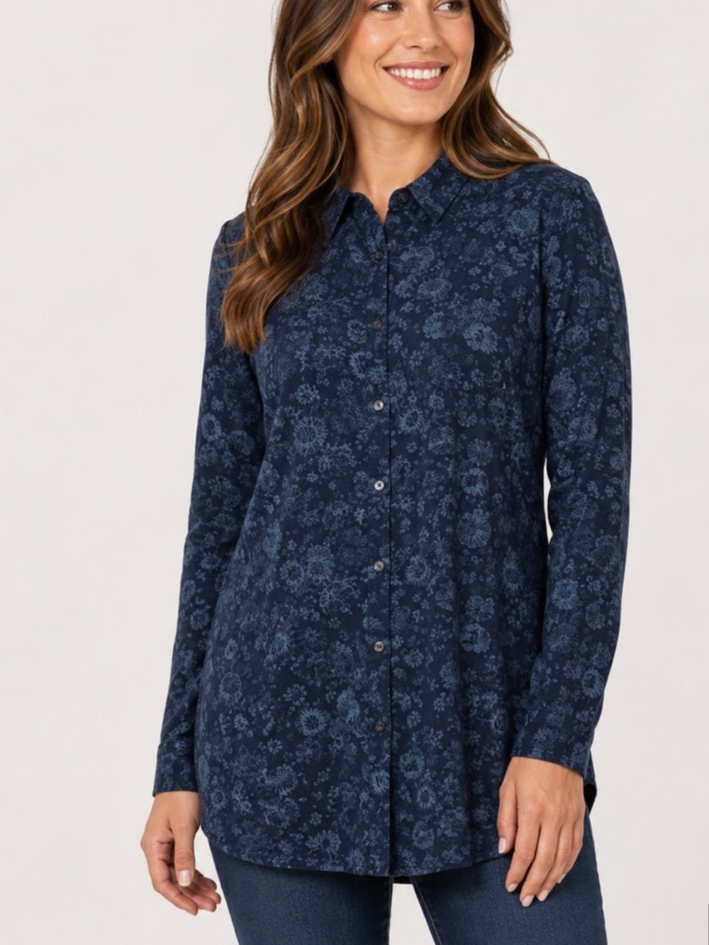 Pure Jill Floral Tunic Button Down Shirt Long Sleeve Blue Tonal Pockets XSP